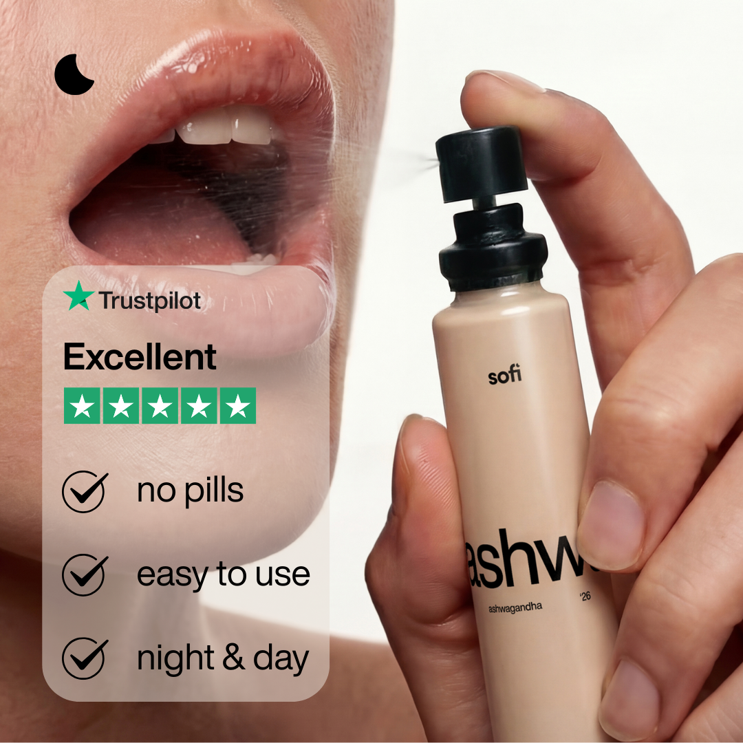 Sofi ashwagandha spray ad, no pills, easy to use, night and day, Trustpilot Excellent