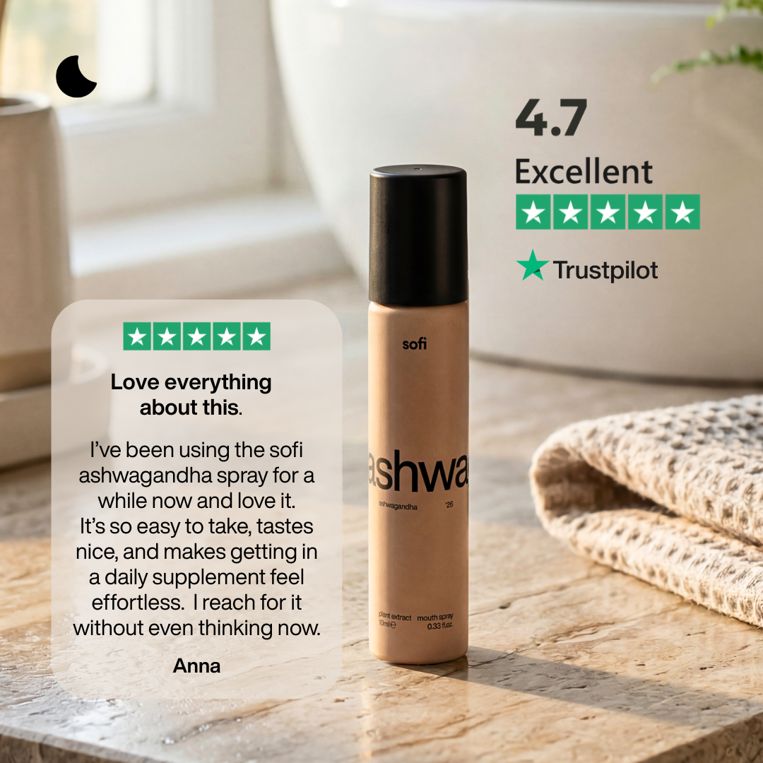 Sofi ashwagandha spray, five-star Trustpilot customer review, 4.7 Excellent